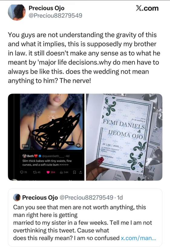 Nigerian woman calls out her prospective brother-in-law for publicly gushing over a woman in a revealing outfit just weeks before his wedding